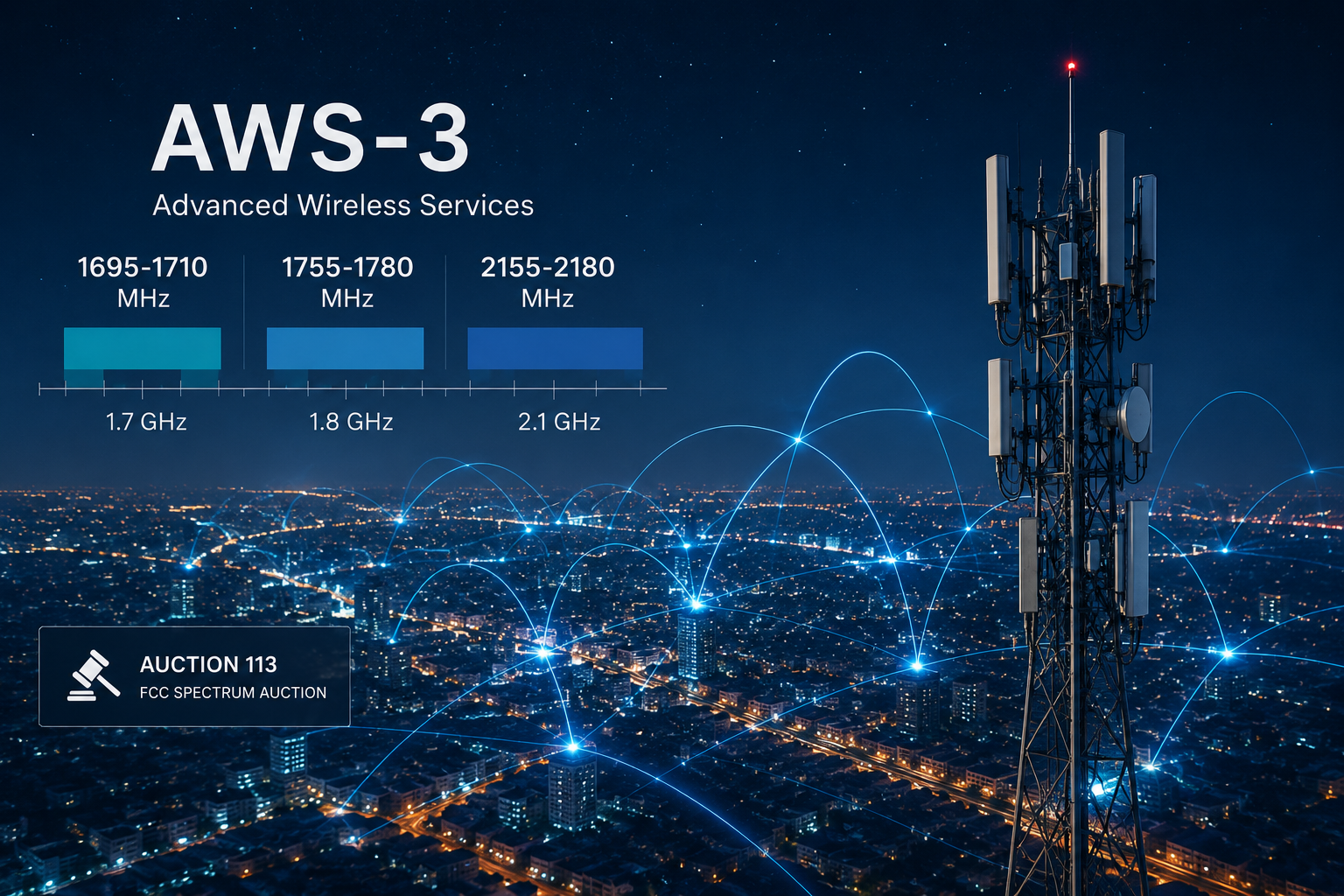 Representación conceptual de la subasta AWS-3 de la FCC, con infraestructura de telecomunicaciones, espectro radioeléctrico y conectividad inalámbrica.